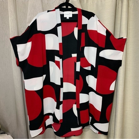 Compli K Kimono Cardigan Oversize Lagenlook Abstract Print Black Red White Sz S - Picture 13 of 15